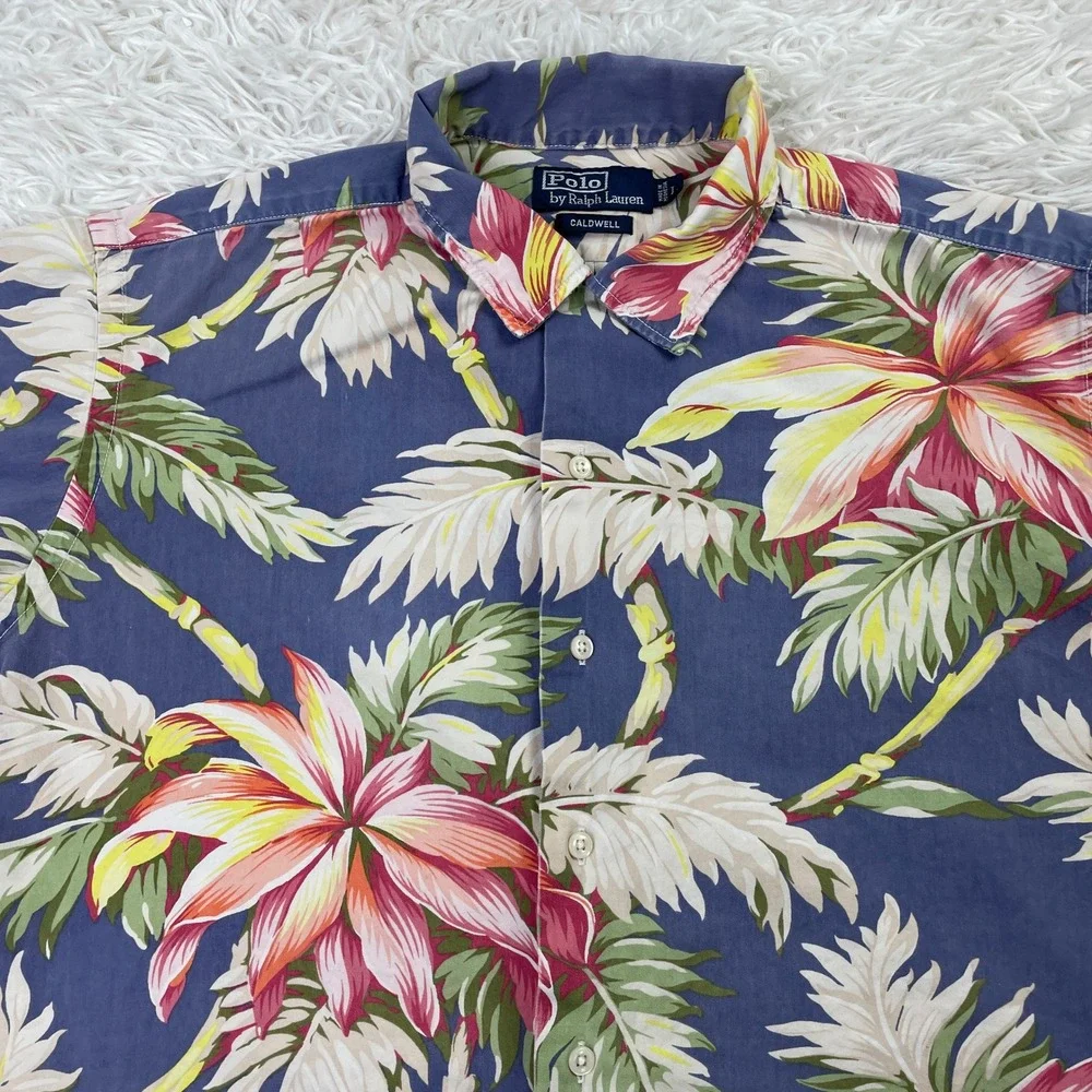 VTG Polo‎ Ralph Lauren Shirt Mens Large Blue Hawaiian Calwell Button Up Floral L